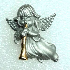 Holiday Brooch, Pewter Angel with Gold Tone Horn, Pin